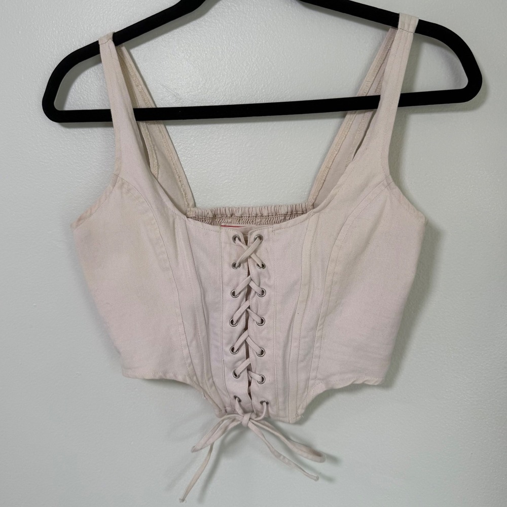 Lone Star Women Cream Cotton Lace Up Corset Crop Top Smocked Back Size S